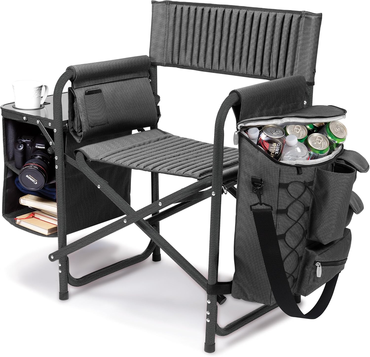 PICNIC TIME Fusion Camping Chair with Side Table and Soft Cooler, Outdoor Foldable Padded Camping Chairs with Cup Holder for Lawn, Beach, & Sports Use for Adults, (Dark Gray Black Accents)