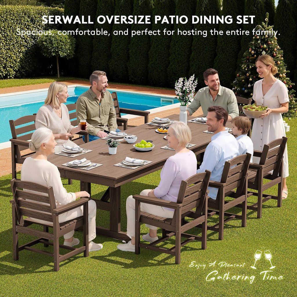 SERWALL Outdoor Dining Table, 84' Rectangular Dining Table for 6-10 Person, All Weather HDPE Patio Dining Table with Umbrella Hole for Backyard, Garden, Brown