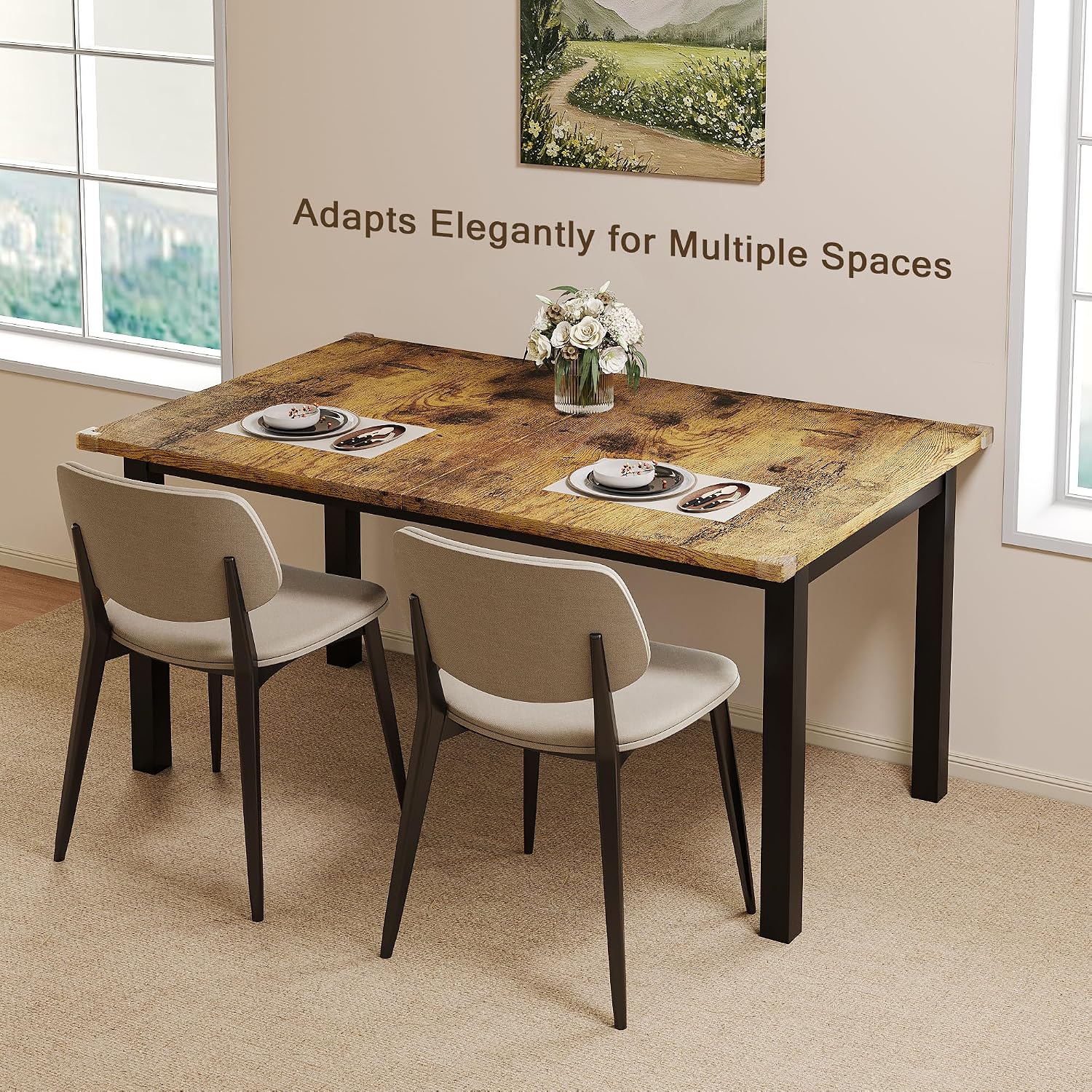 Einhomn Extendable Dining Table for 4-6, 63' Modern Kitchen Table, Farmhouse Dining Room Tables for Dining, Kitchen, Office, Living Room, Rectangular Wooden Tables, Space Saving (Rustic Brown)