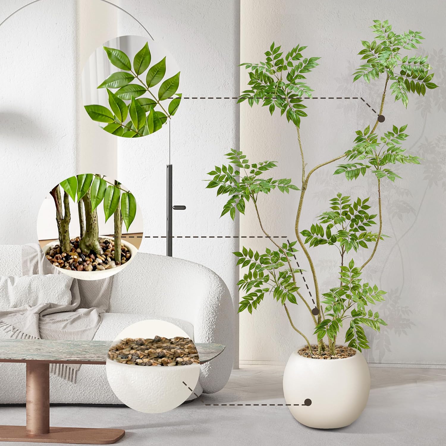 Artificial Mahonia Tree 6FT, Realistic Faux Indoor Tree with White Planter and Decorative Stones, Real-Touch Leaves, Bendable Branches, Tall Fake Floor Plant for Living Room Office Entryway Decor