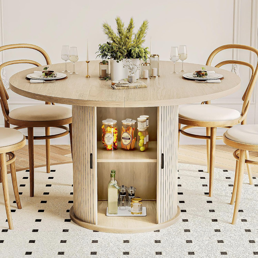 47 Inch Round Dining Table for 4-6 Round Table Kitchen Modern Round Dining Room Table with 2-Layer Storage Shelf and Wood Slide Door Circle Kitchen Tables for Dining Room Oak