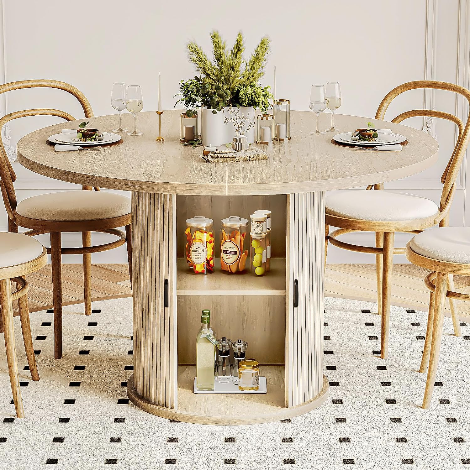 47 Inch Round Dining Table for 4-6 Round Table Kitchen Modern Round Dining Room Table with 2-Layer Storage Shelf and Wood Slide Door Circle Kitchen Tables for Dining Room Oak