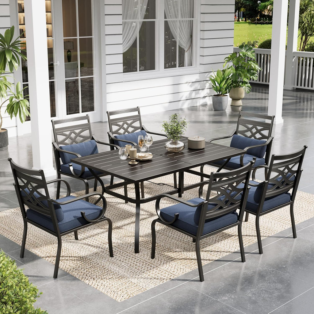 Sophia and William Patio Dining Set for 6, Outdoor Table and Chairs, Removable Seat Cushions, 60' Black Patio Dining Table,Blue