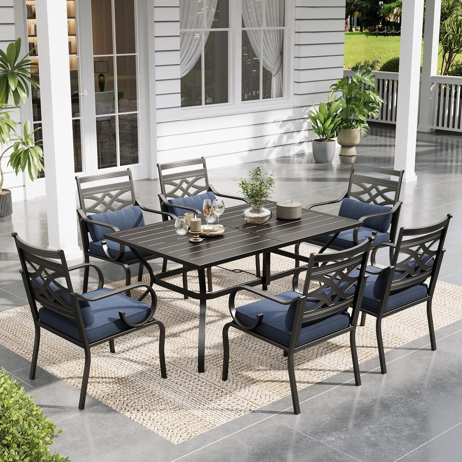 Sophia and William Patio Dining Set for 6, Outdoor Table and Chairs, Removable Seat Cushions, 60' Black Patio Dining Table,Blue