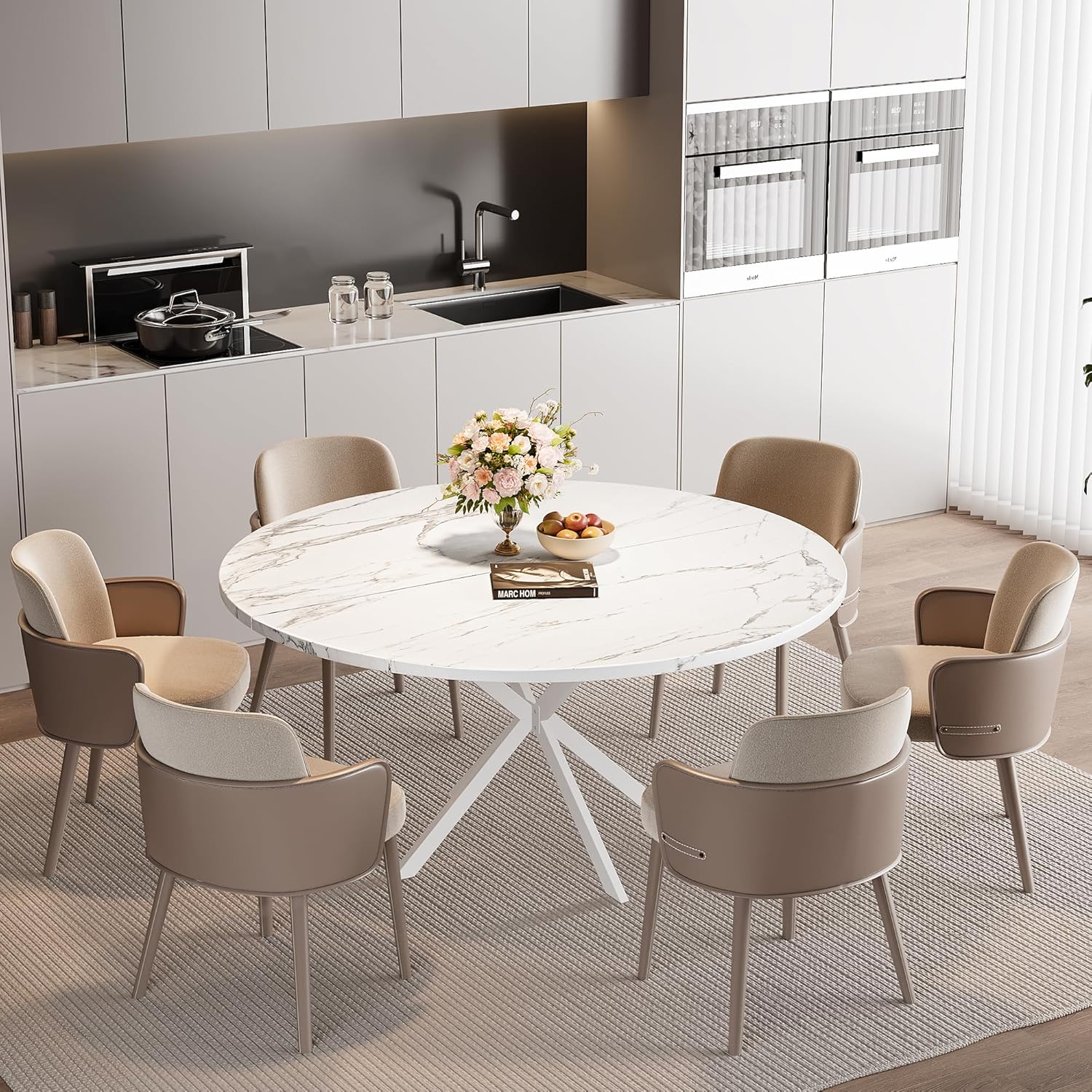 47.24' Round Dining Table for 4-6 Person, Round Kitchen Table with Wood Top, Circle Dinner Pedestal Tables with Metal Legs for Dining Room Kitchen (White Marble)