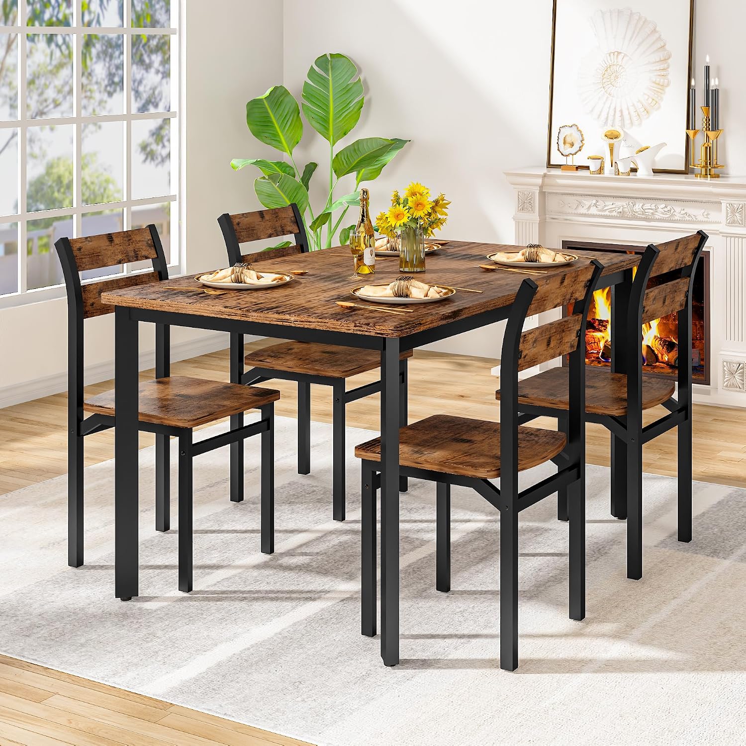 Recaceik Dining Table Set for 4 Wood Kitchen Table Chairs Set, 47 '' Farmhouse 5 Piece Dining Room Table Set, Space-Saving Dinette Set for Breakfast Nook, Apartment, Brown