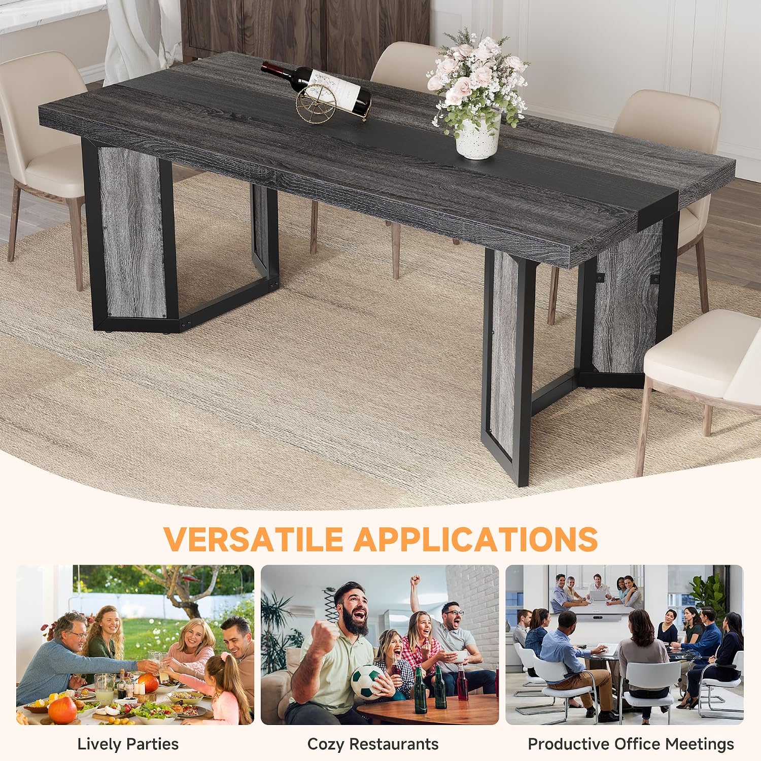 knoworld Industrial Dining Table for 6-8 People, 71' Large Long Wooden Kitchen Table with Sturdy Metal Frame & Brown Finish, Rustic Style Rectangular Dinner Table for Dining Room, Kitchen (Oak Gray)
