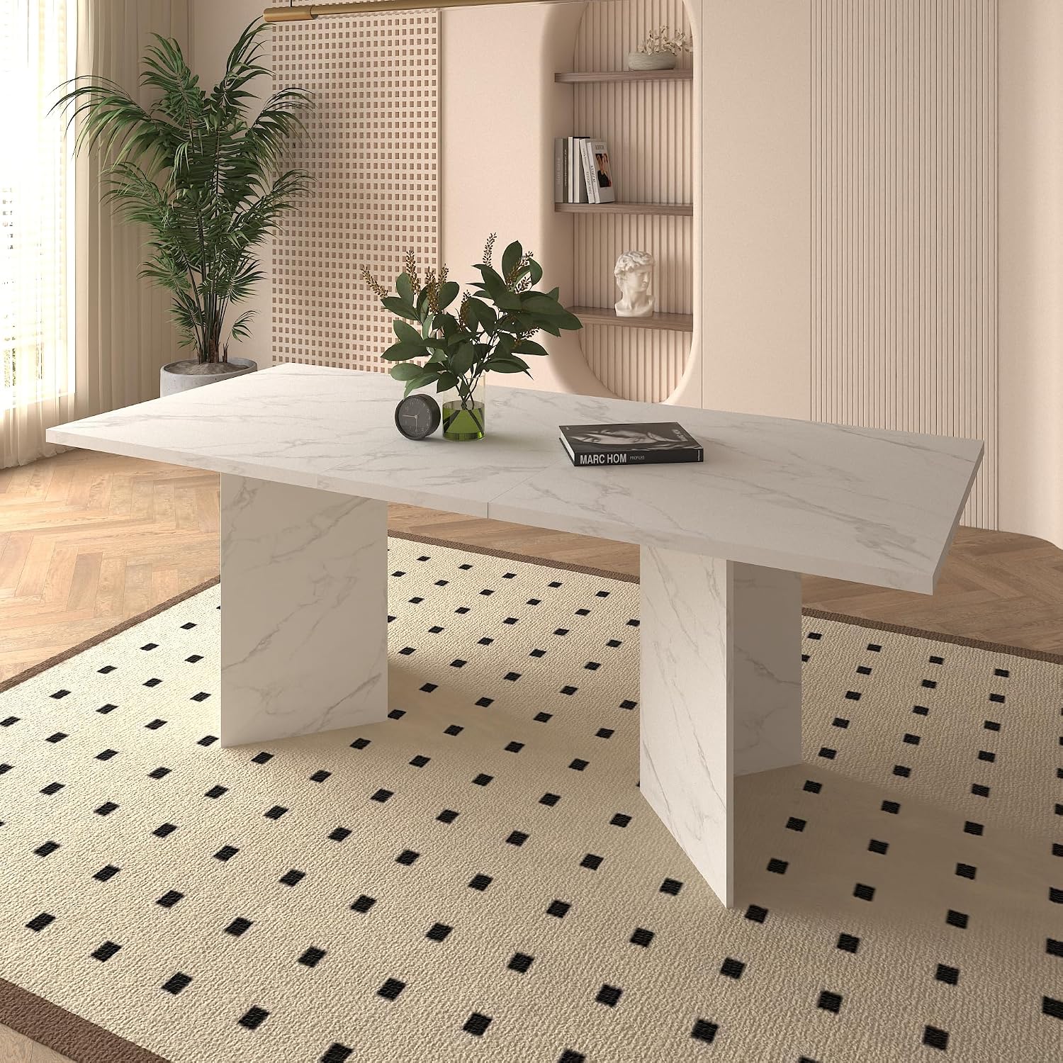 78.74'' Extendable Rectangular Dining Table with for 4-8, Modern Wood Expandable Kitchen Dinner Conference Table for Living Room Office, White Faux Marble