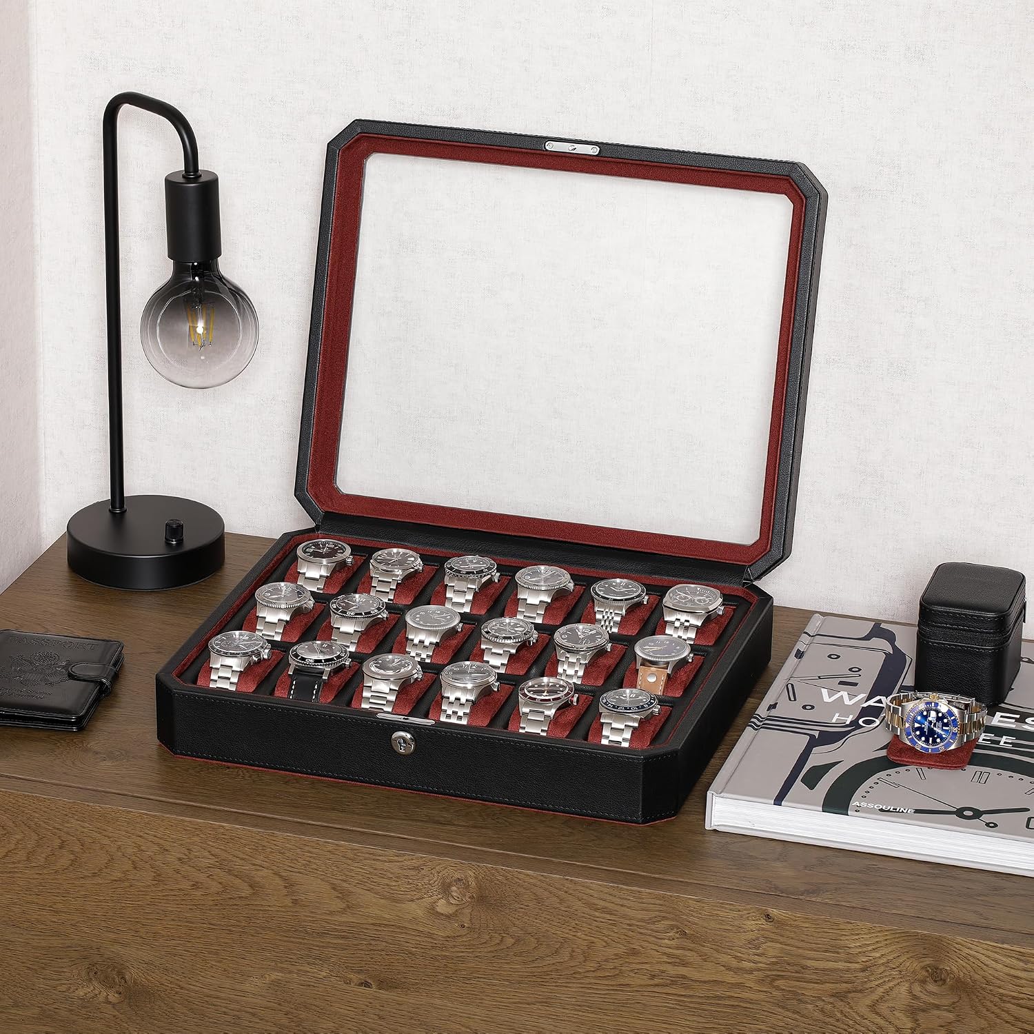 ROTHWELL 18-Slot Watch Case – Luxury Watch Box for Men, Real Glass Top, Lockable, Elegant Display for Collections (Black/Red)