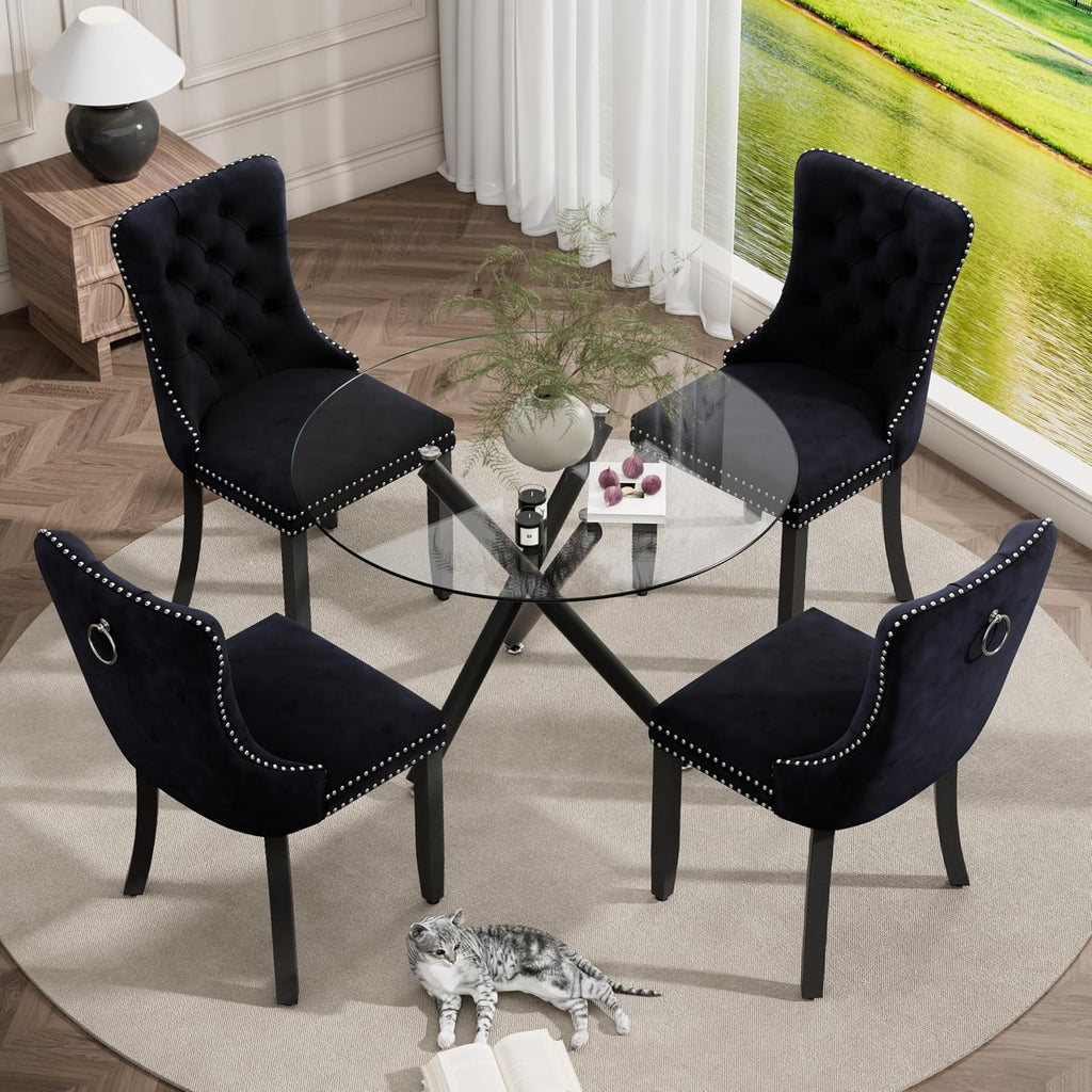 Modern Luxury Round Glass Dining Set for 4, 5 Pcs Small Minimalist Circle Kitchen Table Set, 36'' Clear Circular Glass Top Dinner Room Set, Black High-end Tufted Chairs, for Apartment (Black)