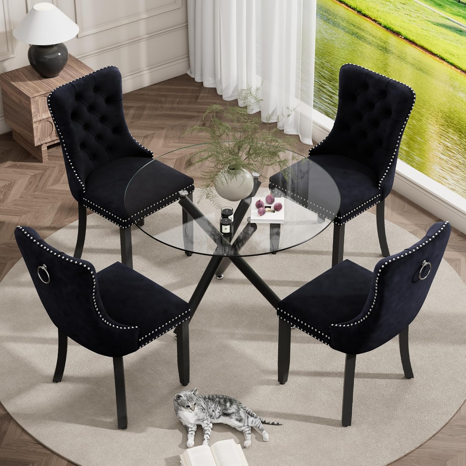 Modern Luxury Round Glass Dining Set for 4, 5 Pcs Small Minimalist Circle Kitchen Table Set, 36'' Clear Circular Glass Top Dinner Room Set, Black High-end Tufted Chairs, for Apartment (Black)
