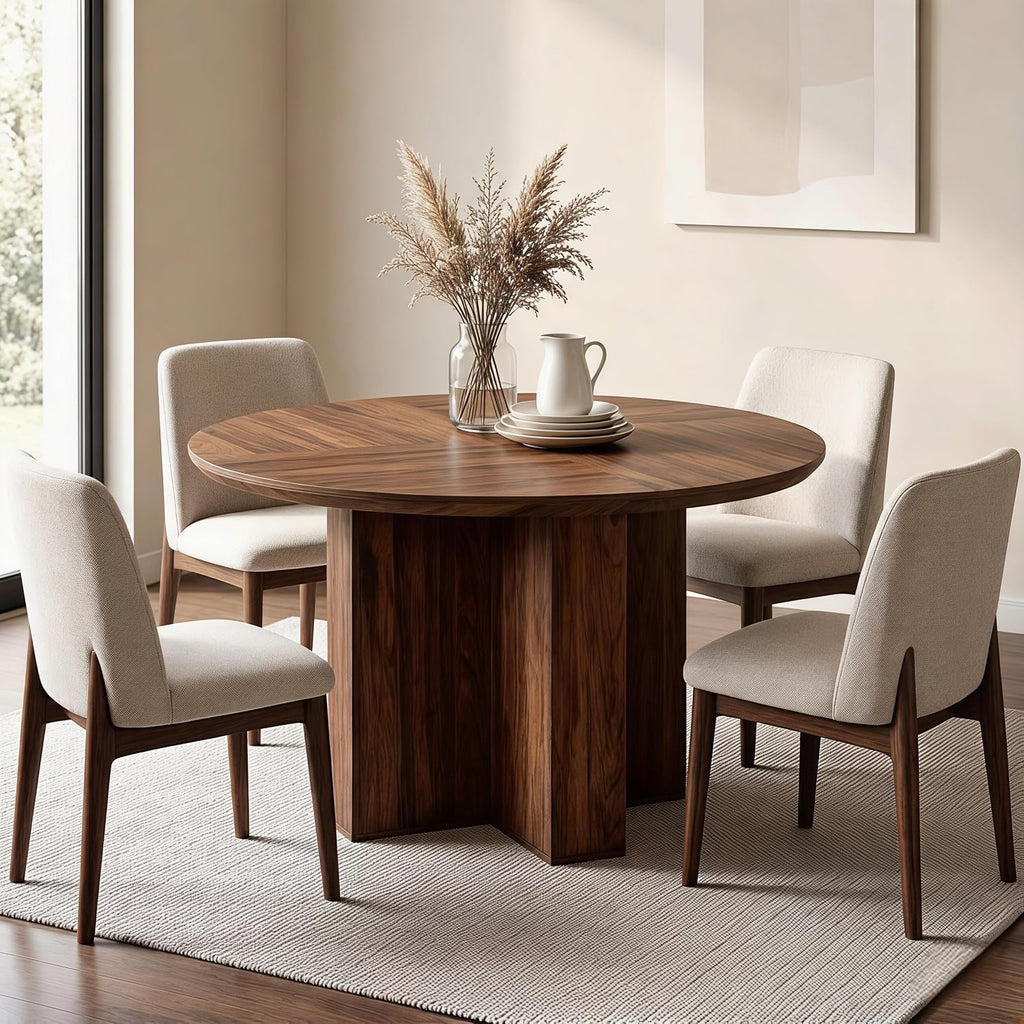 RedLemon Round Dining Table for 4 People, 47' Modern Wood Kitchen Table with Thick Stable Cross Pedestal Base & Curved Edge, Round Dinner Table for Dining Room, Kitchen (Rustic Walnut)