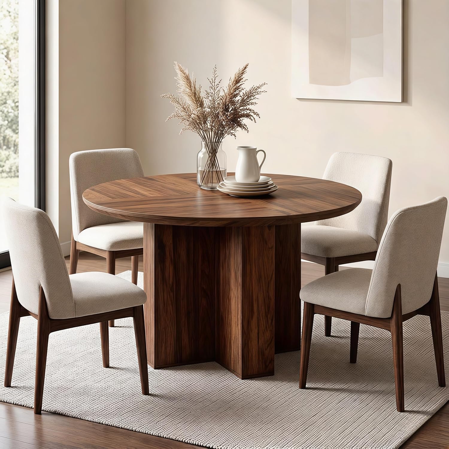 RedLemon Round Dining Table for 4 People, 47' Modern Wood Kitchen Table with Thick Stable Cross Pedestal Base & Curved Edge, Round Dinner Table for Dining Room, Kitchen (Rustic Walnut)