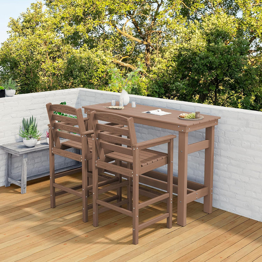 SERWALL Outdoor Bar Set - 4 Adirondack Bar Chairs & Bar Height Table with 1.6' Umbrella Hole, All-Weather HDPE Patio Furniture for Poolside, Backyard, Garden - Brown