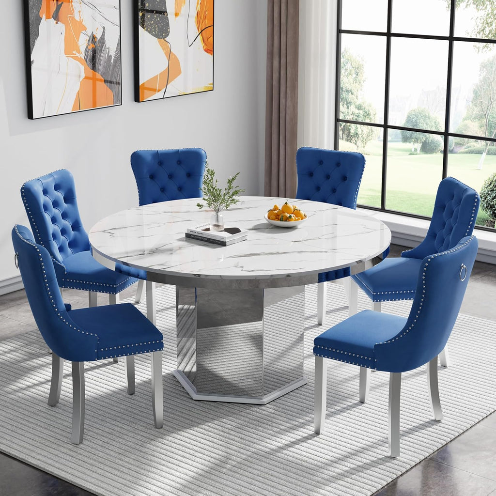 7 Pieces 47'-63' White Faux Marble Extendable Dining Table Set, Round Expanding Kitchen and Dining Room Table Set for 6 with Mirrored Acrylic Base & Blue Velvet Upholstered Chairs