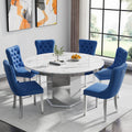 7 Pieces 47'-63' White Faux Marble Extendable Dining Table Set, Round Expanding Kitchen and Dining Room Table Set for 6 with Mirrored Acrylic Base & Blue Velvet Upholstered Chairs