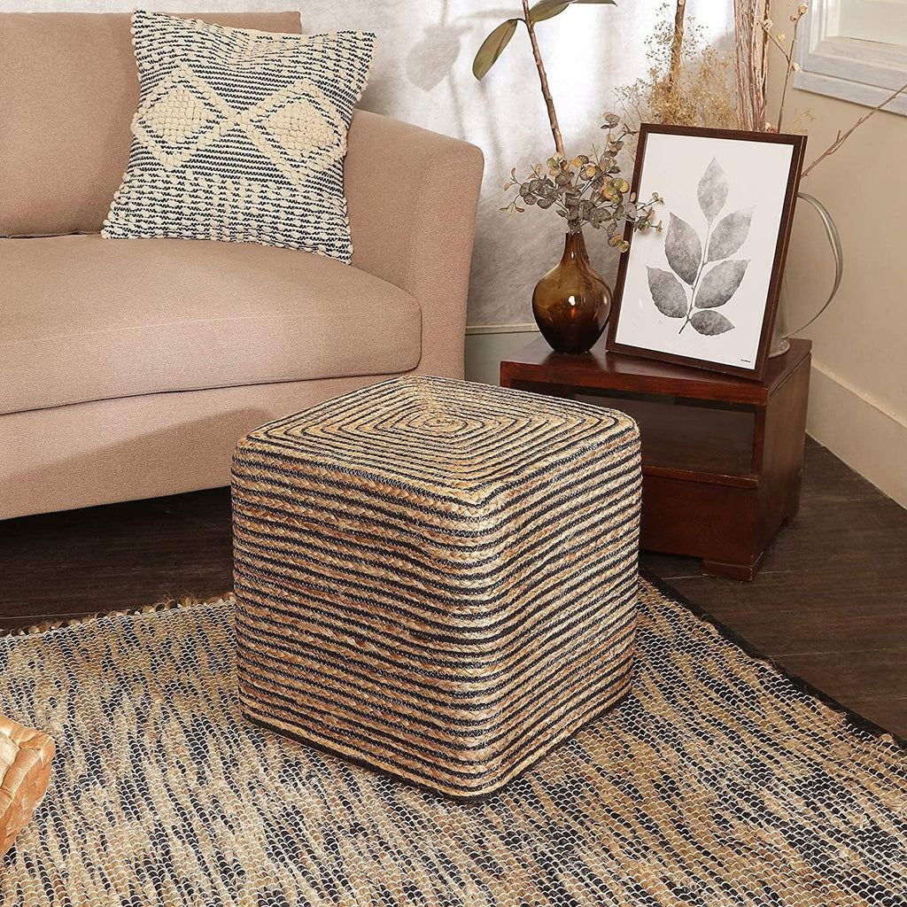 REDEARTH · Cube Pouf Foot Stool Ottoman - Jute Braided Pouffe Poof Accent Sitting Footrest for The Living Room, Bedroom, Nursery, Lounge 50% Jute 50% Cotton Set of 2 (14.5'X14.5'X16'; Natural Black)