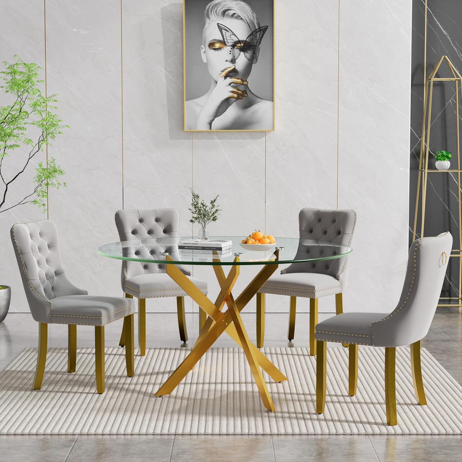 HomVent 5 Piece Round Glass Dining Table Set, Tempered Glass Dinner Table Set for 4 Kitchen Table Set with 4 Velvet Upholstered Chairs for Kitchen Dining Room