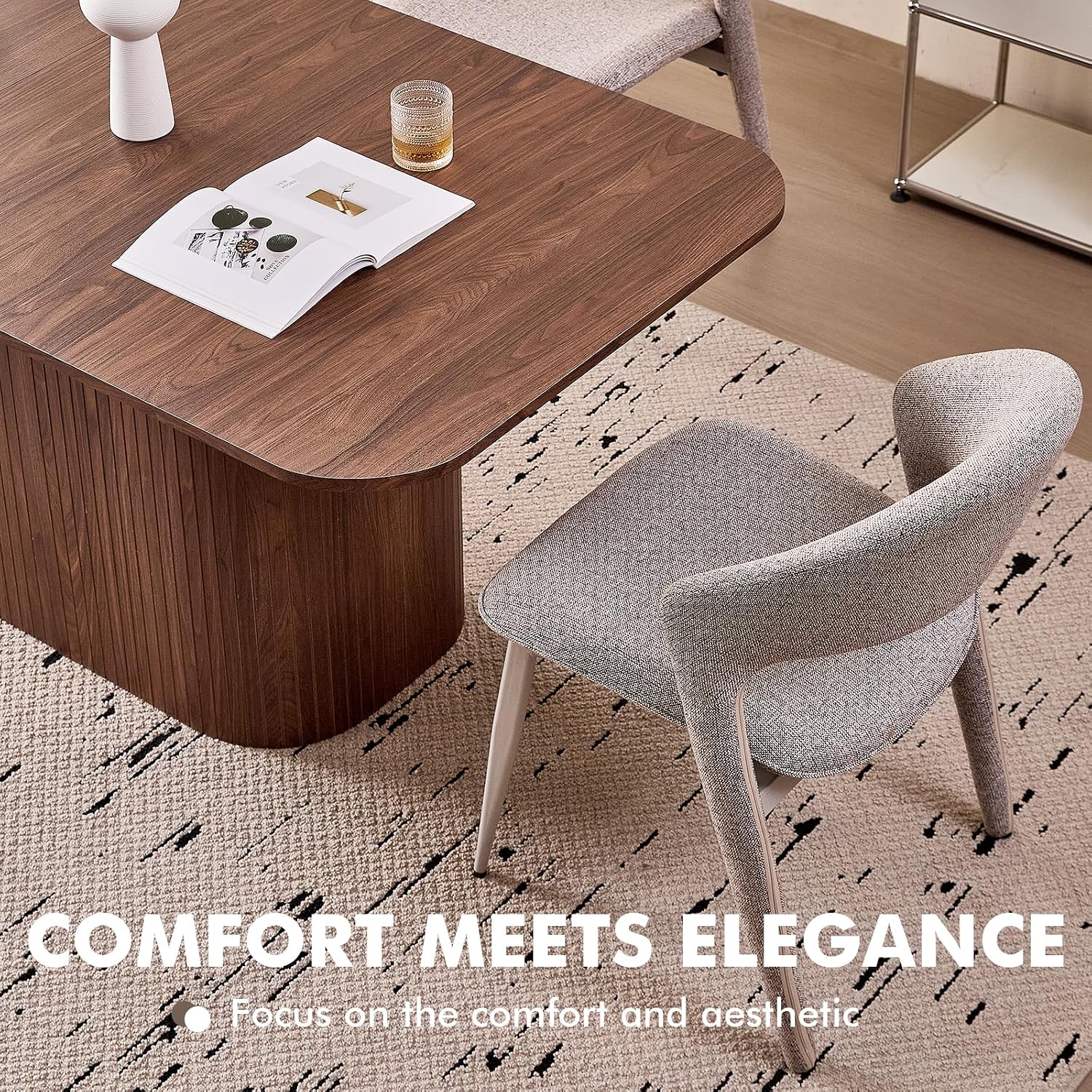 Large 63' Large Dining Table for 4 6, [Rounded Corners] [Grooved Pedestal Base] Modern Rectangle Kitchen Dinner Dining Living Room Table