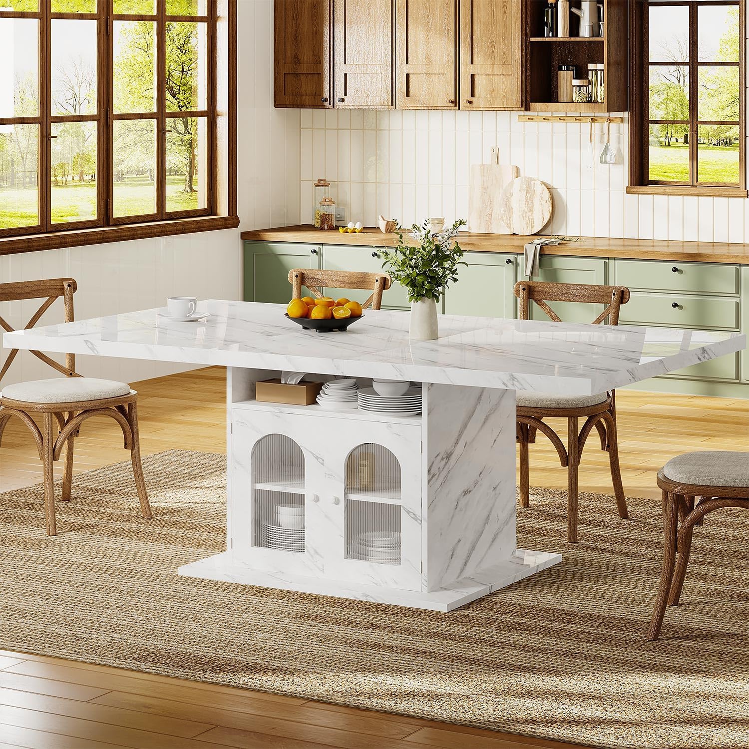 HSH Dining Table for 4–6, 63' Modern Kitchen Dining Room Table with Storage Shelves & Acrylic Door Cabinet,Wood Rectangle Dinner Table with Faux Marble Top for Home Apartment, White Faux Marble