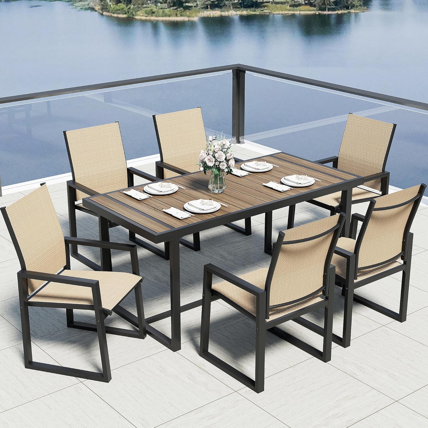 Jocoevol 7 Piece Patio Dining Set for 6, Outdoor Furniture Set Includes 67' Rectangle Patio Table and 6 Textilene Dining Chairs, Outdoor Table and Chairs for Outsides, Backyard, Garden and Poolside