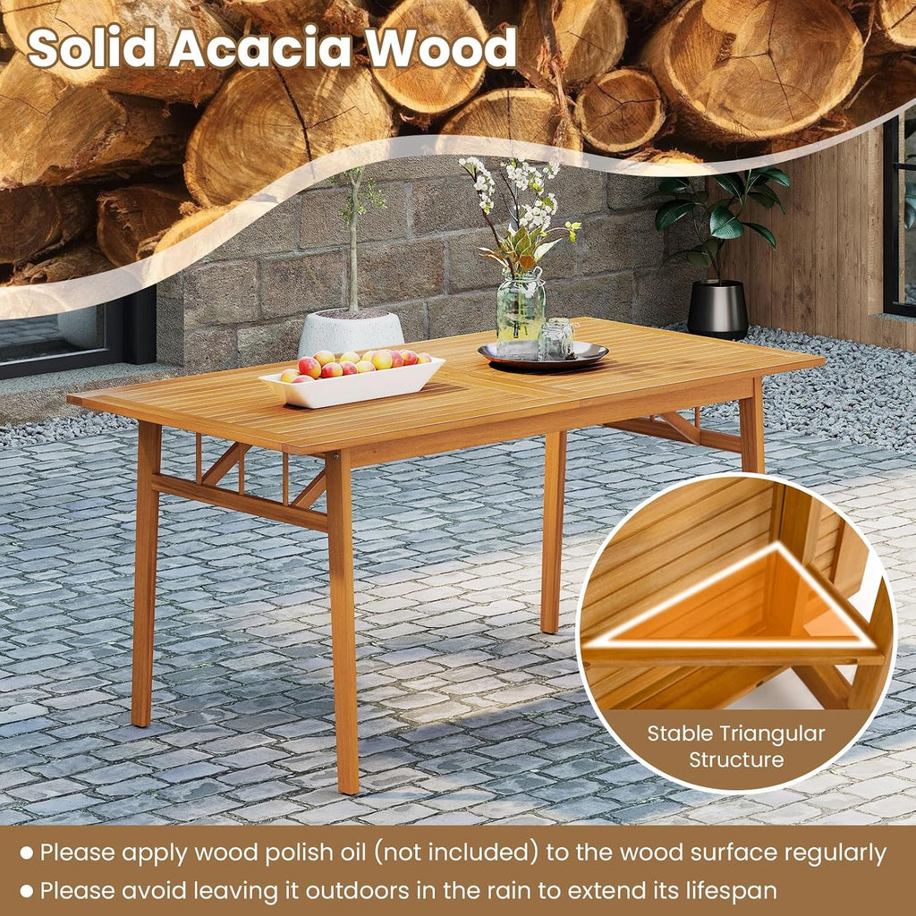 Tangkula 7 Pieces Patio Acacia Wood Dining Set, Outdoor Heavy Duty Rectangular Table with 1.97' Umbrella Hole and 6 Cushioned Chairs, for Deck, Garden and Backyard