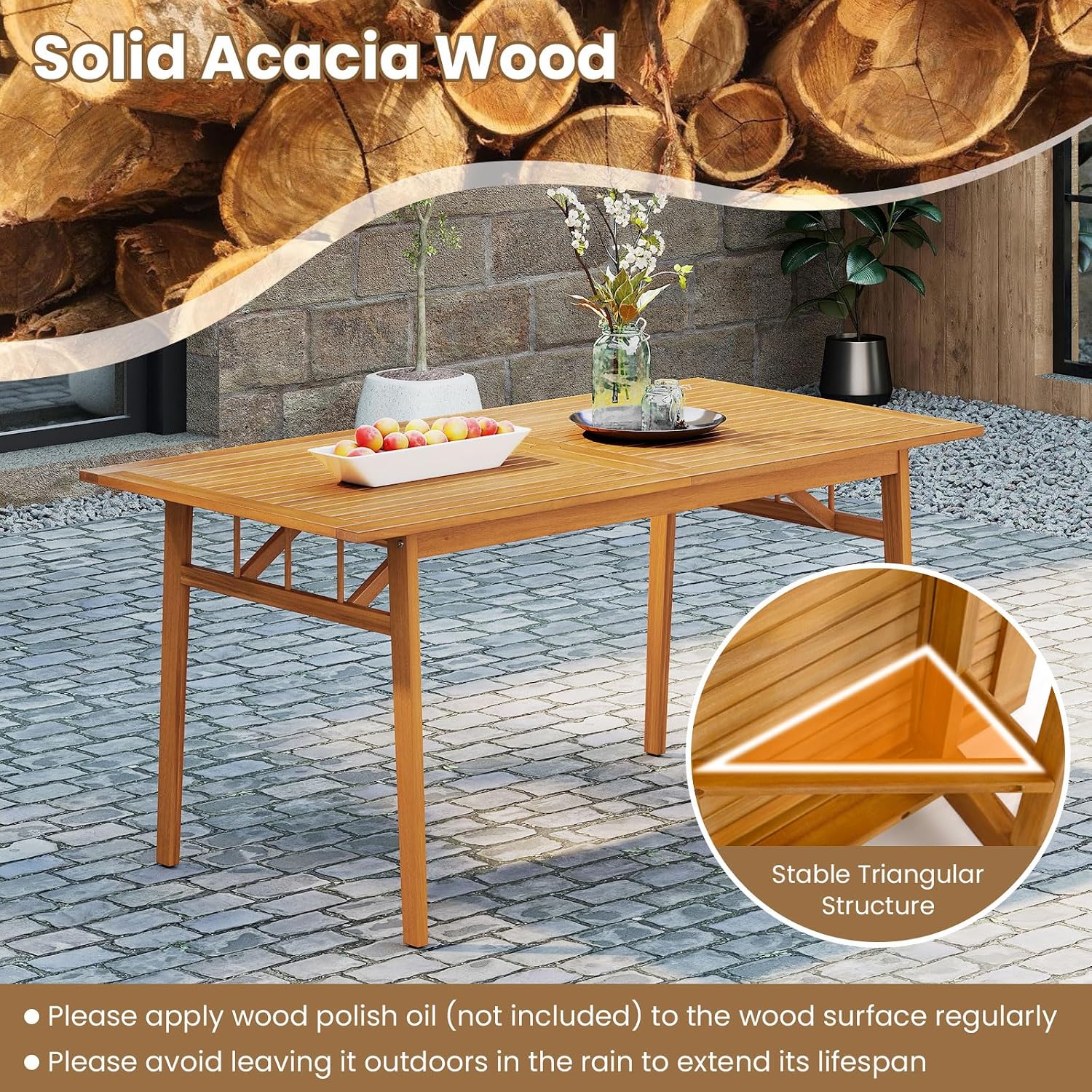 Tangkula 7 Pieces Patio Acacia Wood Dining Set, Outdoor Heavy Duty Rectangular Table with 1.97' Umbrella Hole and 6 Cushioned Chairs, for Deck, Garden and Backyard