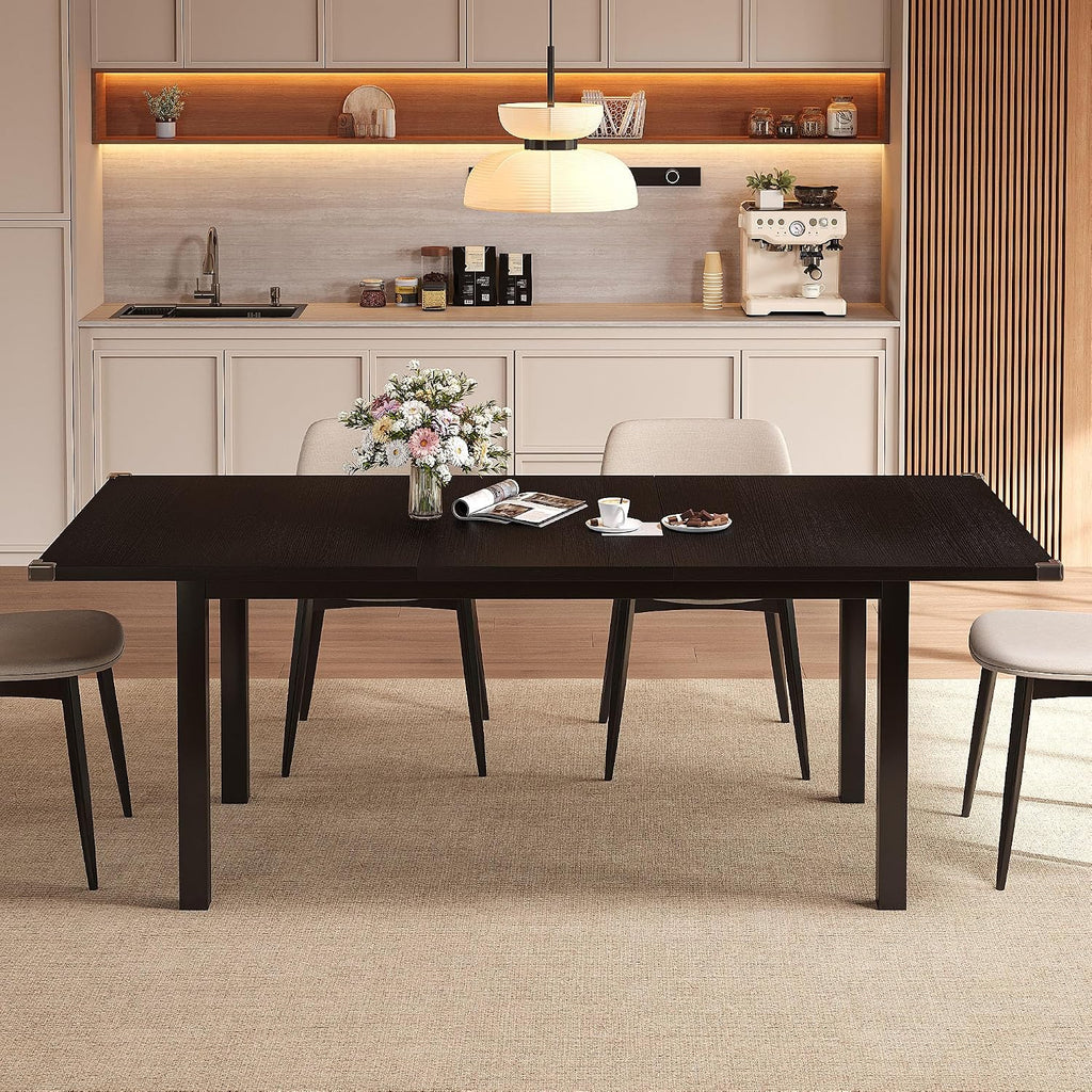 Einhomn Modern Extendable Dining Table for 4-6, 63' Farmhouse Kitchen Table, Rectangular Dining Room Tables for Dining, Kitchen, Office, Living Room, Wooden Tables, Space Saving (Black)