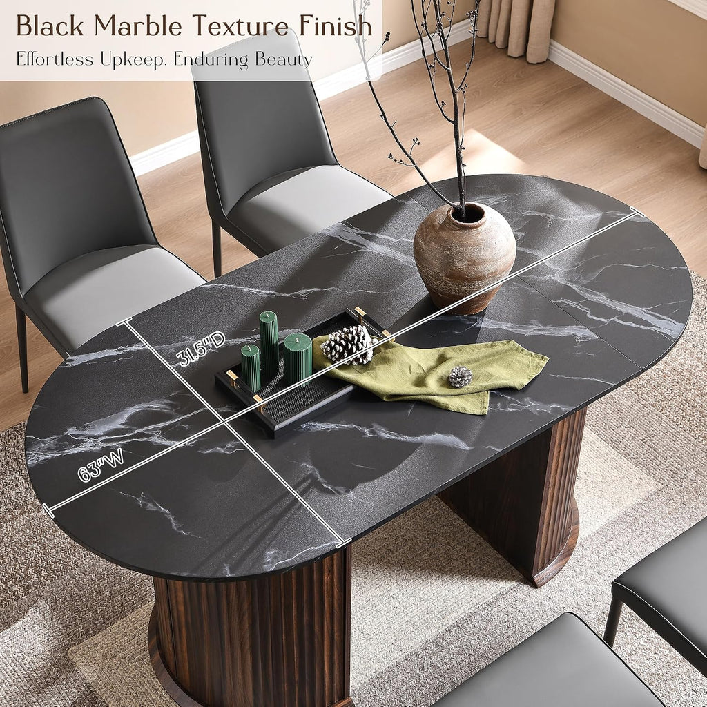 T4TREAM 63' Fluted Oval Dining Table for 4-6, Mid-Century Modern Kitchen Table with Thickened Edge & Semi-Cylindrical Base, Wood Table for Dining Room/Kitchen/Home Office, Black & Walnut(Table Only)