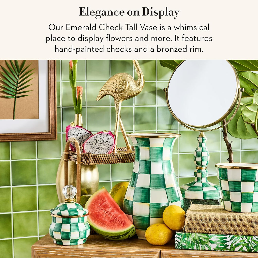 MACKENZIE-CHILDS Tall Enamel Vase, Unique Flower-Vase Decor for Living Room, Green-and-White Emerald Check