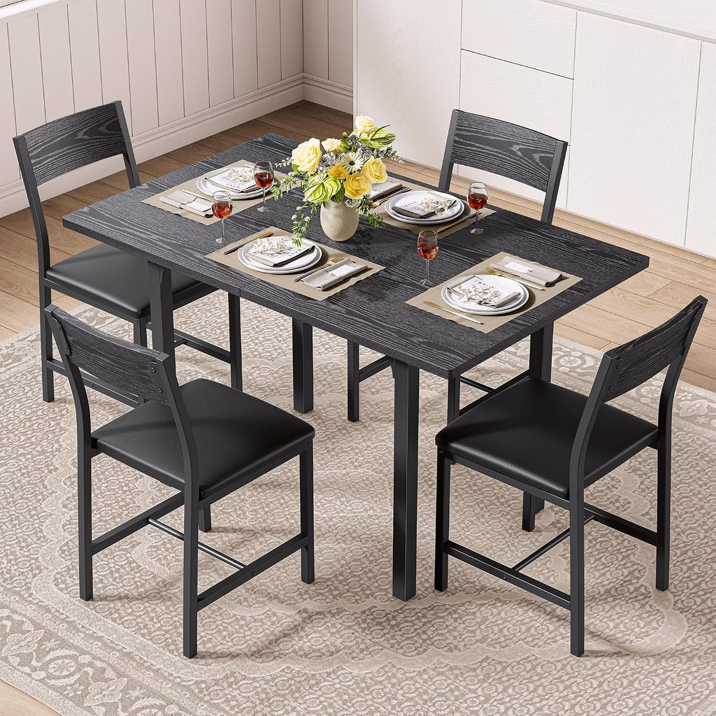 IRONCK 5-Piece Dining Table Set for 4, Extendable Kitchen Table Chairs Set of 4, Dining Room Table with 4 Upholstered Chairs, Folding for Small Space, Apartment, Black
