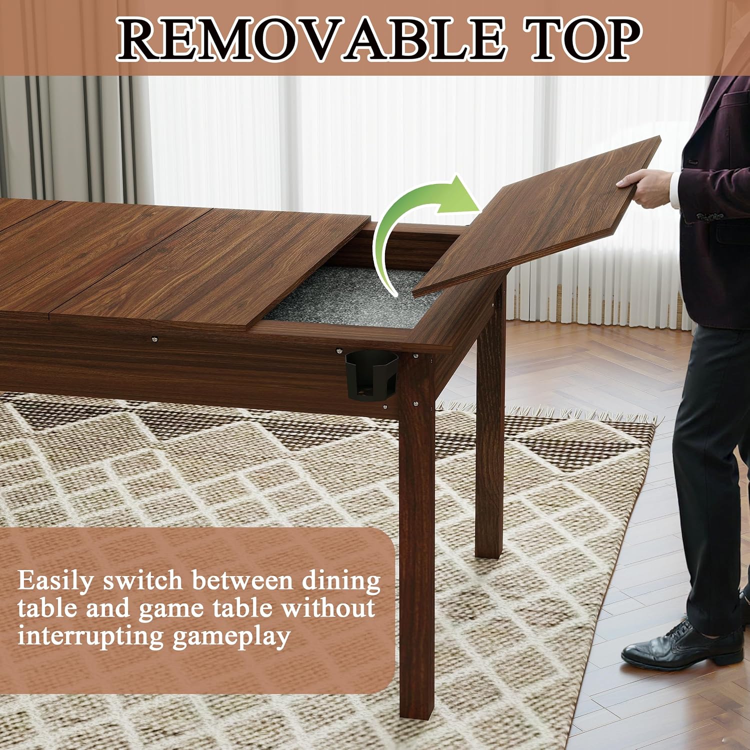63'x40' Board Game Table with Rotating Cup Holders for 4 Players, Gaming Dining Table with Removable Table Top & Non-Slip Play Mat, Multifunctional Table with for DND/Poker/Mahjong/Card Games