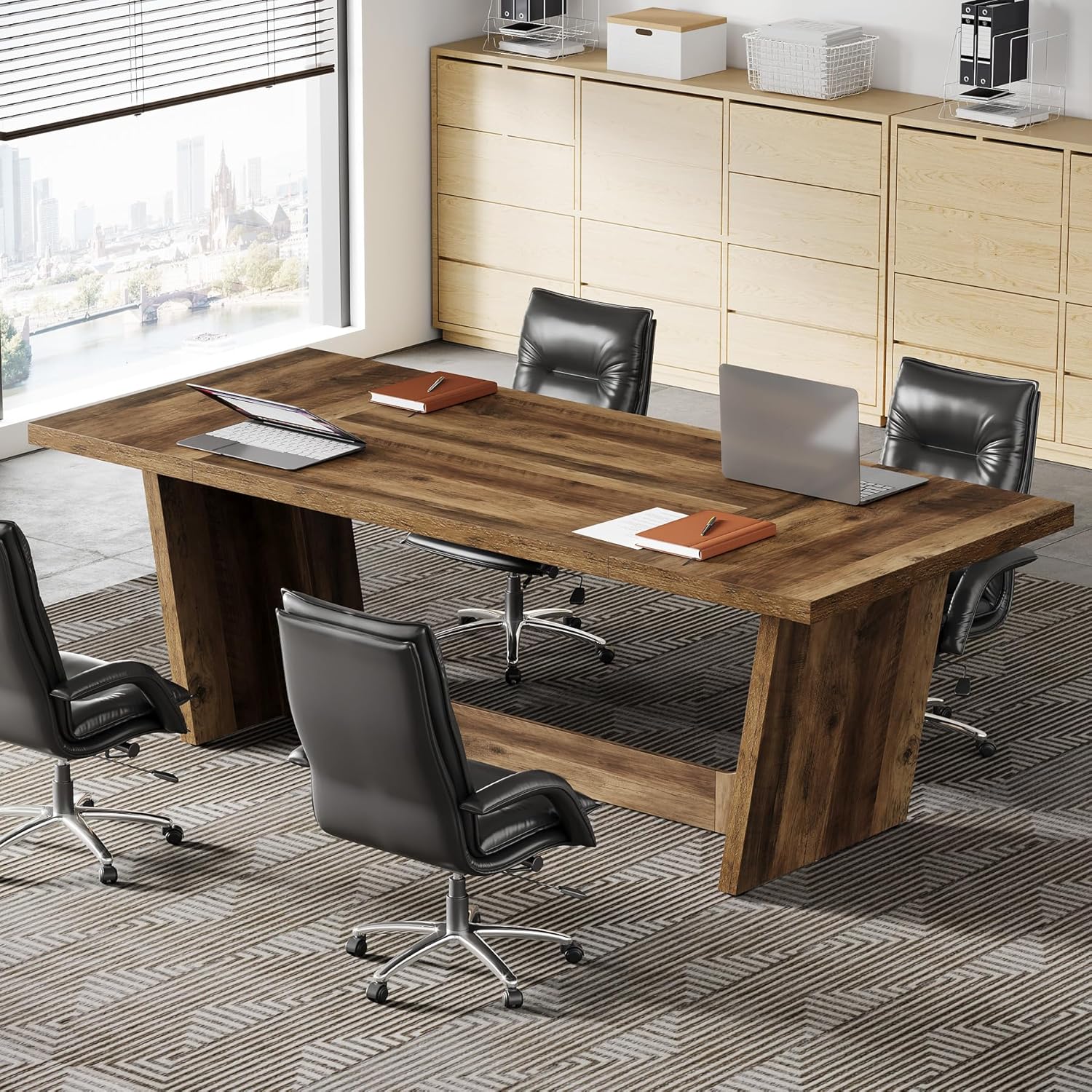 Tribesigns 6 FT Conference Room Table, 71'Large Executive Seminar Desk for 6–8 People, Rectangular Meeting Table for Office, Heavy-Duty Business Boardroom Table with Wooden Pedestal Base, Dark Brown