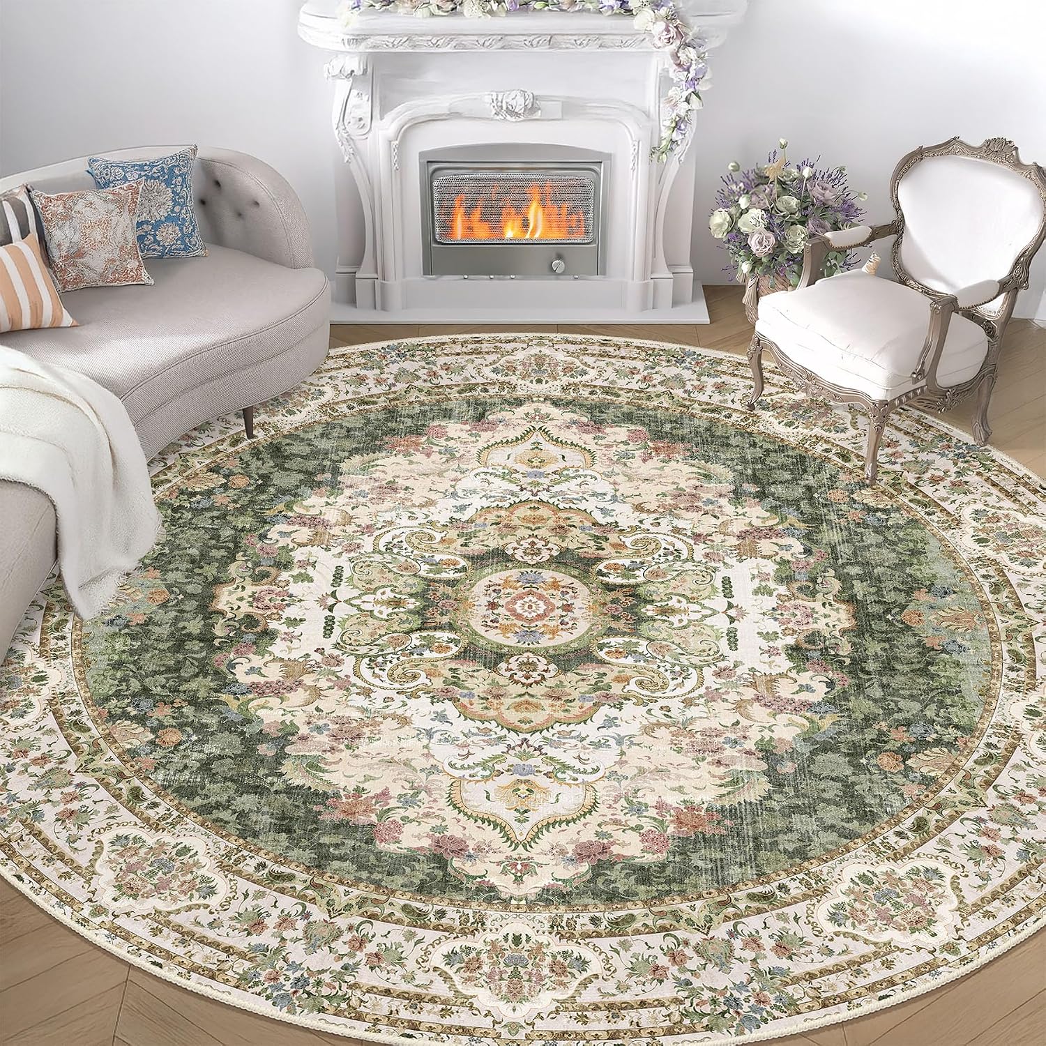 Green Round Rug 9ft, Large Circle Area Rug for Bedroom Living Room Dining Room, Washable Boho Vintage Bohemian Distressed Oriental Carpet Non Slip, Sage Floral 9'x9'