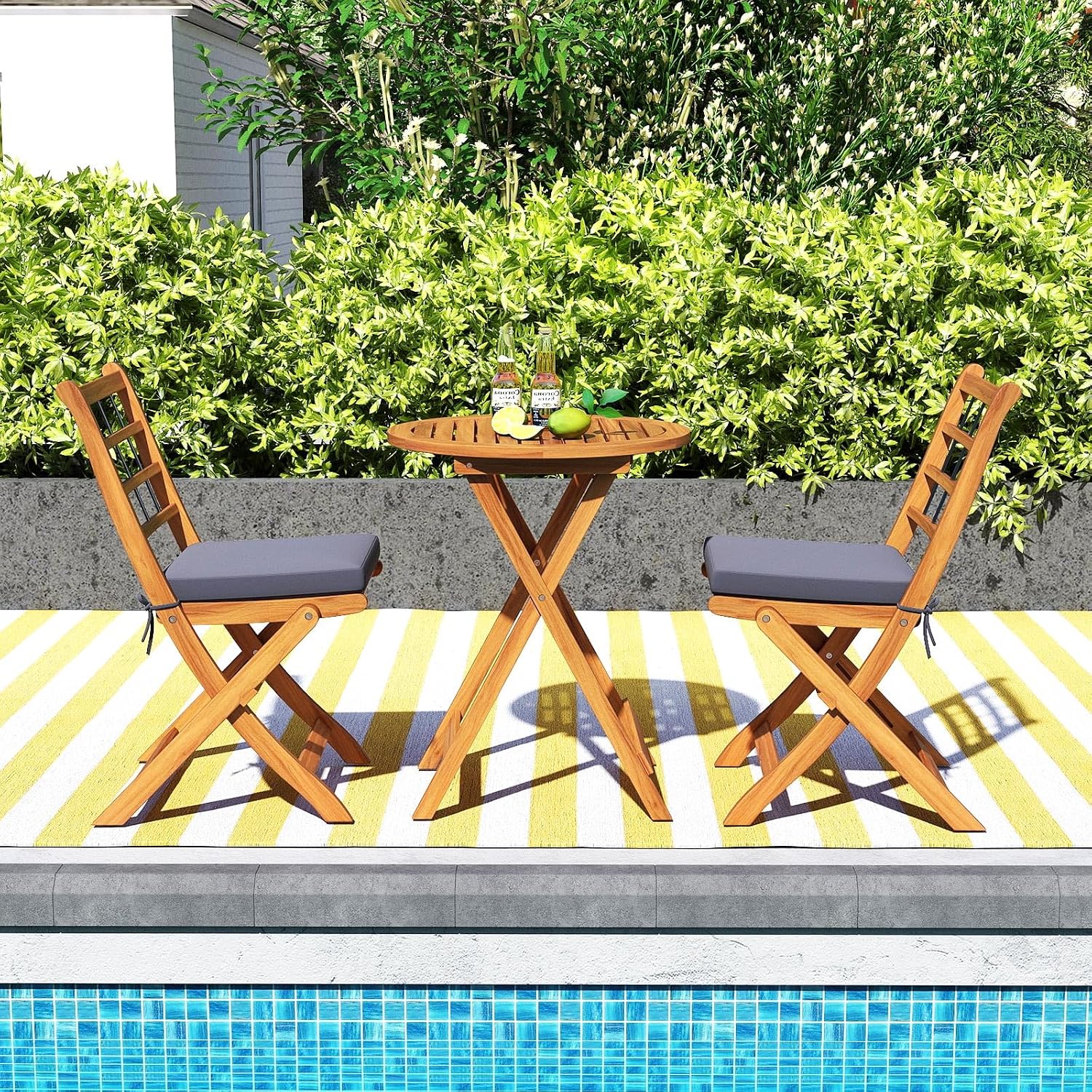 Tangkula 3 Piece Patio Wood Bistro Set, Folding Table Chair Set w/Soft Seat Cushions, Acacia Wood Frame, High-Back Portable Chairs w/Table for Backyard, Poolside (Grey)