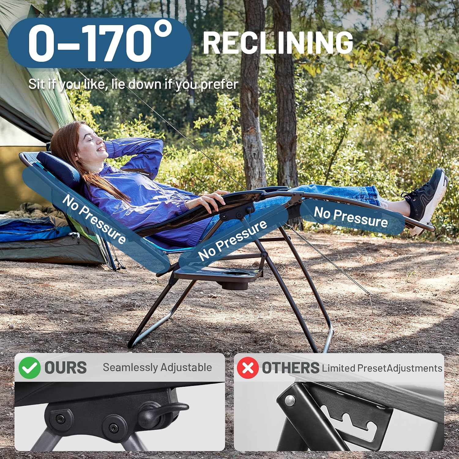 Timber Ridge Oversized Zero Gravity Chair, 33In Wide XXL Zero Gravity Reclining Chair with Side Table, Full Padded Lounge Chair for Outdoor Camping Patio Lawn, Heavy Duty Supports 500lbs, Blue-2 Pack