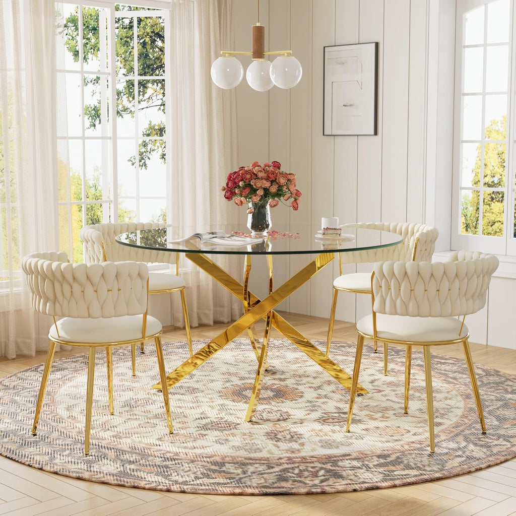 47'' Round Glass Dining Table Set for 4, Modern Glass Kitchen Table Set with Gold Base & 4 Luxury Beige Gold Velvet Dining Chairs, 5-Piece Circle Dinner Table Set for Home Apartment