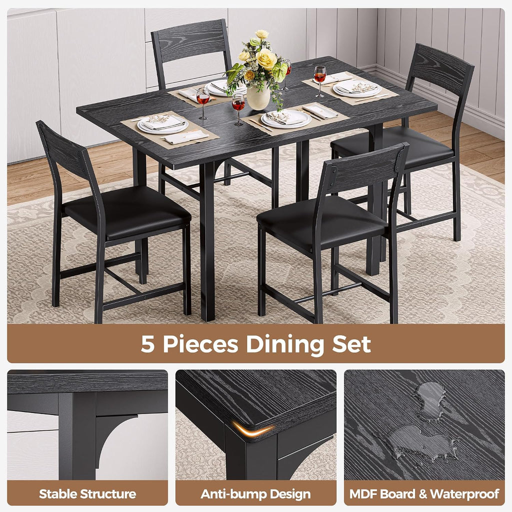 IRONCK 5-Piece Dining Table Set for 4, Extendable Kitchen Table Chairs Set of 4, Dining Room Table with 4 Upholstered Chairs, Folding for Small Space, Apartment, Black