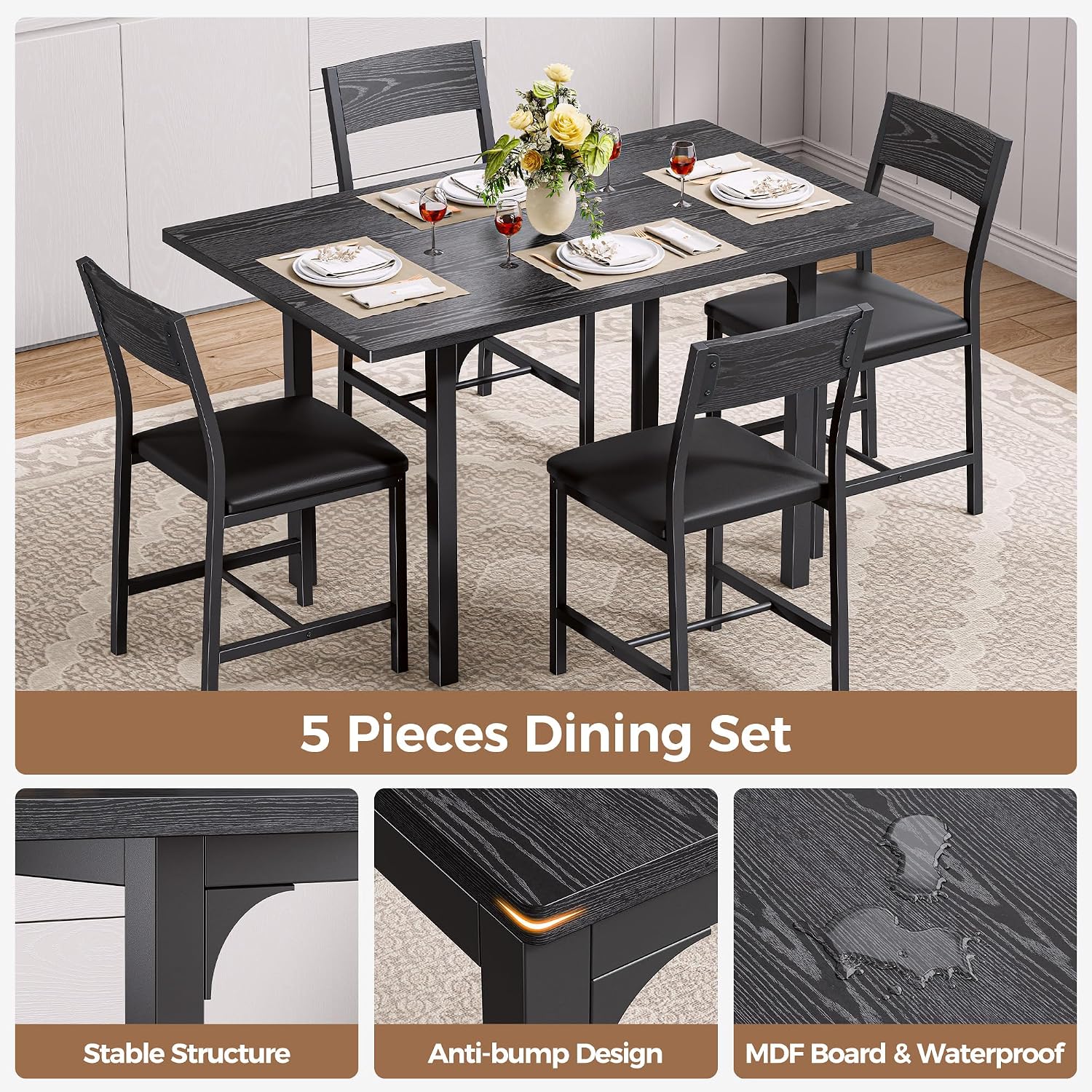 IRONCK 5-Piece Dining Table Set for 4, Extendable Kitchen Table Chairs Set of 4, Dining Room Table with 4 Upholstered Chairs, Folding for Small Space, Apartment, Black