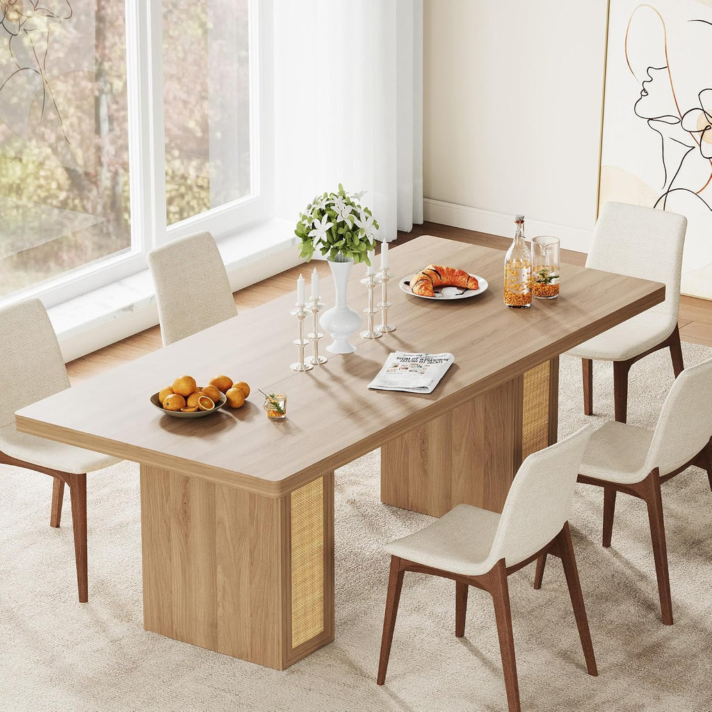 LIKIMIO 78.7' Farmhouse Dining Table for 6-8 People, Extra Thick Wood Top with 2 Hidden Adjustable Storage Drawers, Modern Woven Rattan Table for Dining Room, Kitchen, Living Room, Rustic White