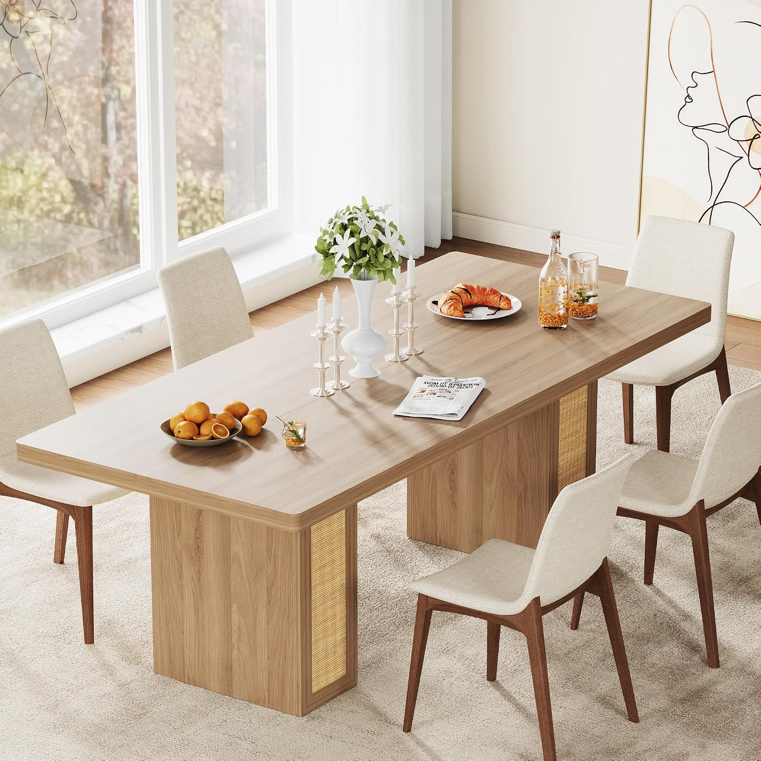 LIKIMIO 78.7' Farmhouse Dining Table for 6-8 People, Extra Thick Wood Top with 2 Hidden Adjustable Storage Drawers, Modern Woven Rattan Table for Dining Room, Kitchen, Living Room, Rustic White