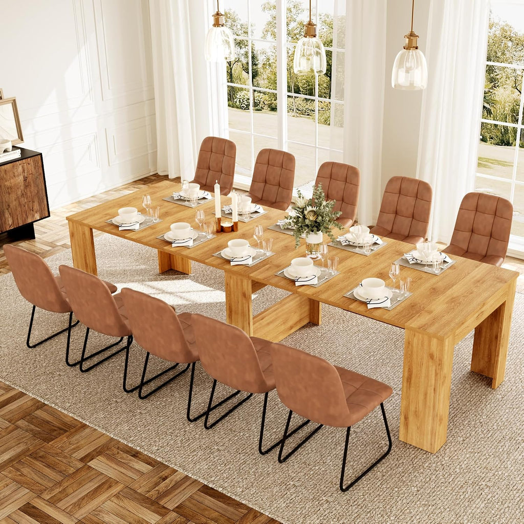 HIPIHOM 17.7'-118' Extendable Dining Table Set for 12, Extension Long Table Set with Extension Leaves Holder, Space-Saving for Meeting, Dining Room(Oak Table+10 U-Shaped Brown Chairs)