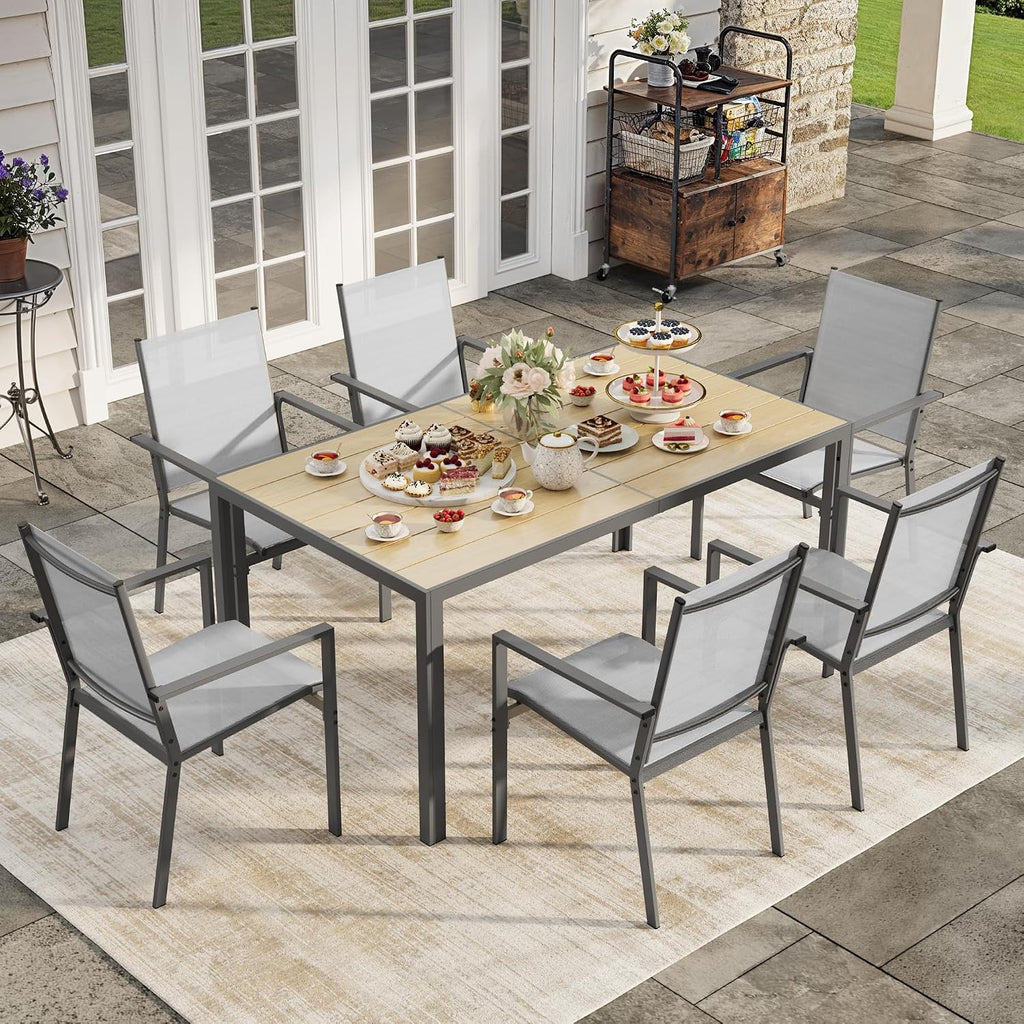 Ahomly Patio Table and Chairs Set for 6, Outdoor Dining Set Includes 59.5' Rectangle Patio Table with Side Umbrella Hole and 6 Textilene Fabric Patio Chairs for Courtyard, Backyard, Pool, Grey&Brown