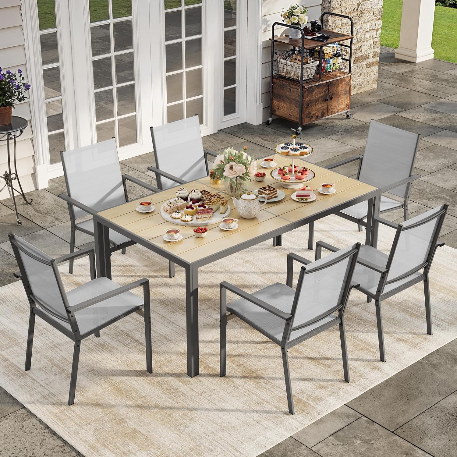 Ahomly Patio Table and Chairs Set for 6, Outdoor Dining Set Includes 59.5' Rectangle Patio Table with Side Umbrella Hole and 6 Textilene Fabric Patio Chairs for Courtyard, Backyard, Pool, Grey&Brown