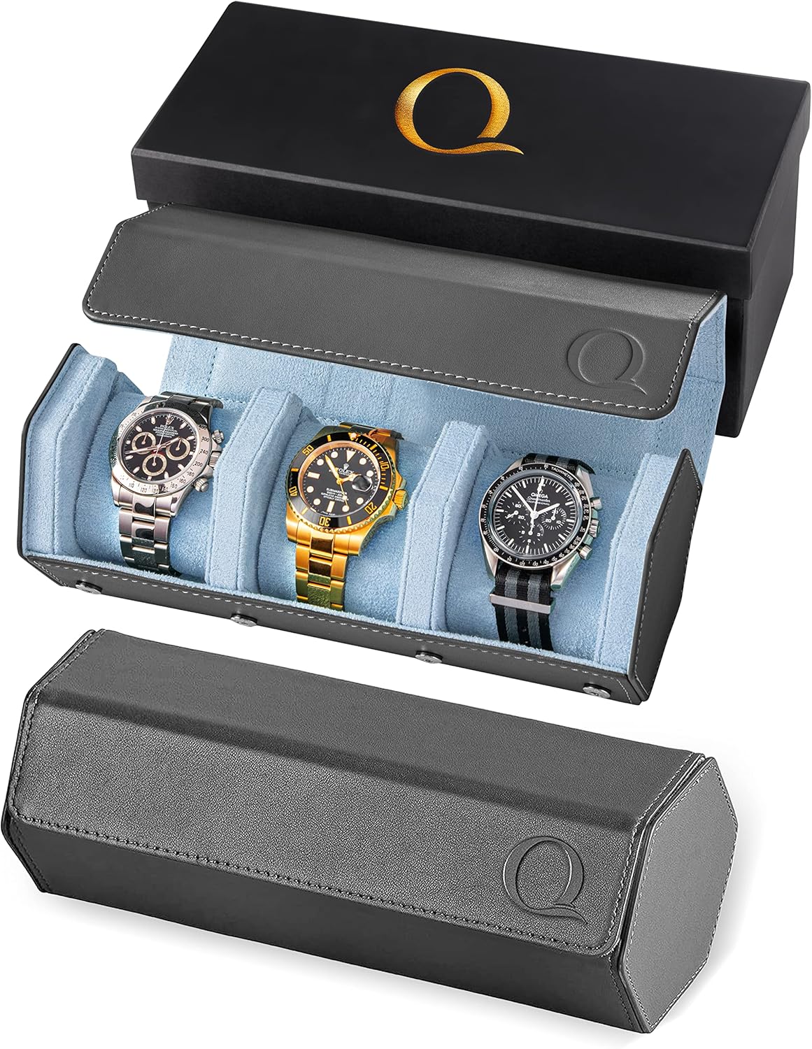 QWATCHBANDS Napa Leather Watch Rolls for Men - Hexagon Triple Watch Roll Travel Case for 3 Watches - Storage Organizer Genuine Leather with Velvet Interior Display (Gray/Blue)