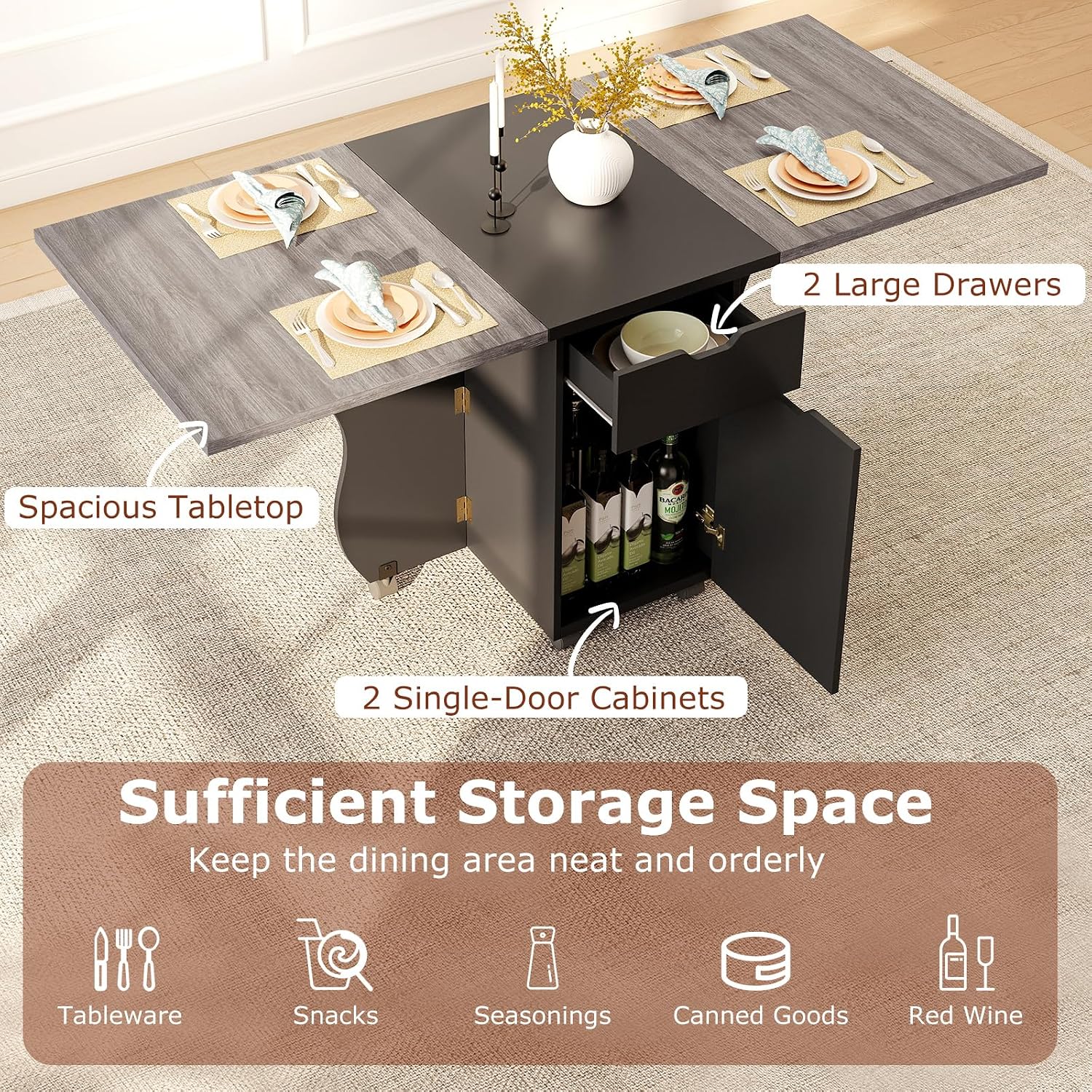 Giantex 3-in-1 Folding Dining Table for 4-6, 69-Inches Drop Leaf Kitchen Table with 2 Drawers and 2 Cabinets, Lockable Wheels, Foldable Dinner Tables for Small Spaces, Dinette (Black+Oak)