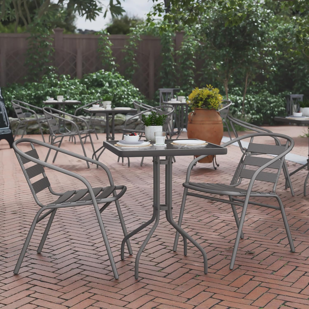 Flash Furniture TLH-0731SQ-017CSV2-GG Lila 23.5'' Square Glass Table with 2 Metal Aluminum Slat Stack Chairs, Silver