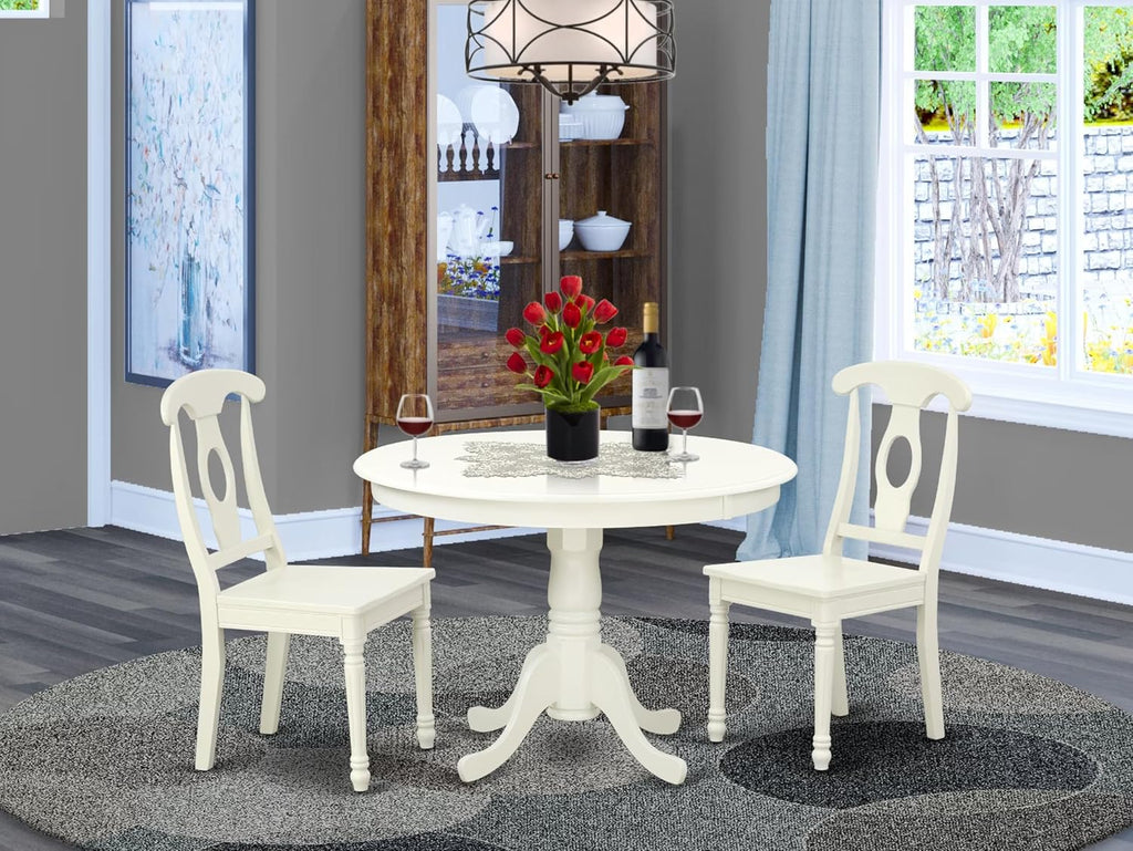 East West Furniture HLKE3-LWH-W 3 Piece Kitchen Table & Chairs Set Contains a Round Dining Room Table with Pedestal and 2 Dining Chairs, 42x42 Inch, Linen White