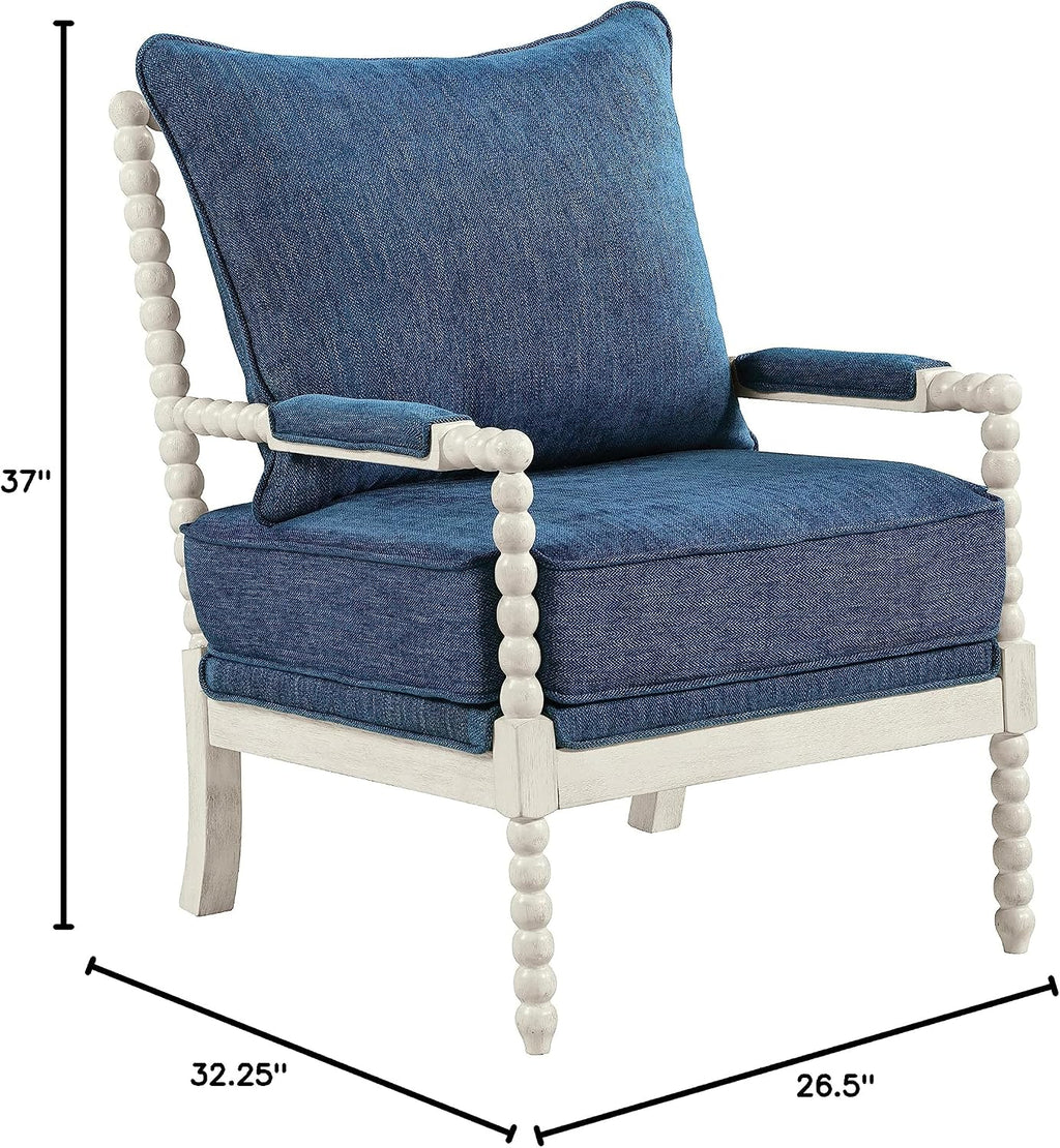 OSP Home Furnishings Kaylee Spindle Accent Chair with Antique White Wood Frame, Navy Blue Fabric
