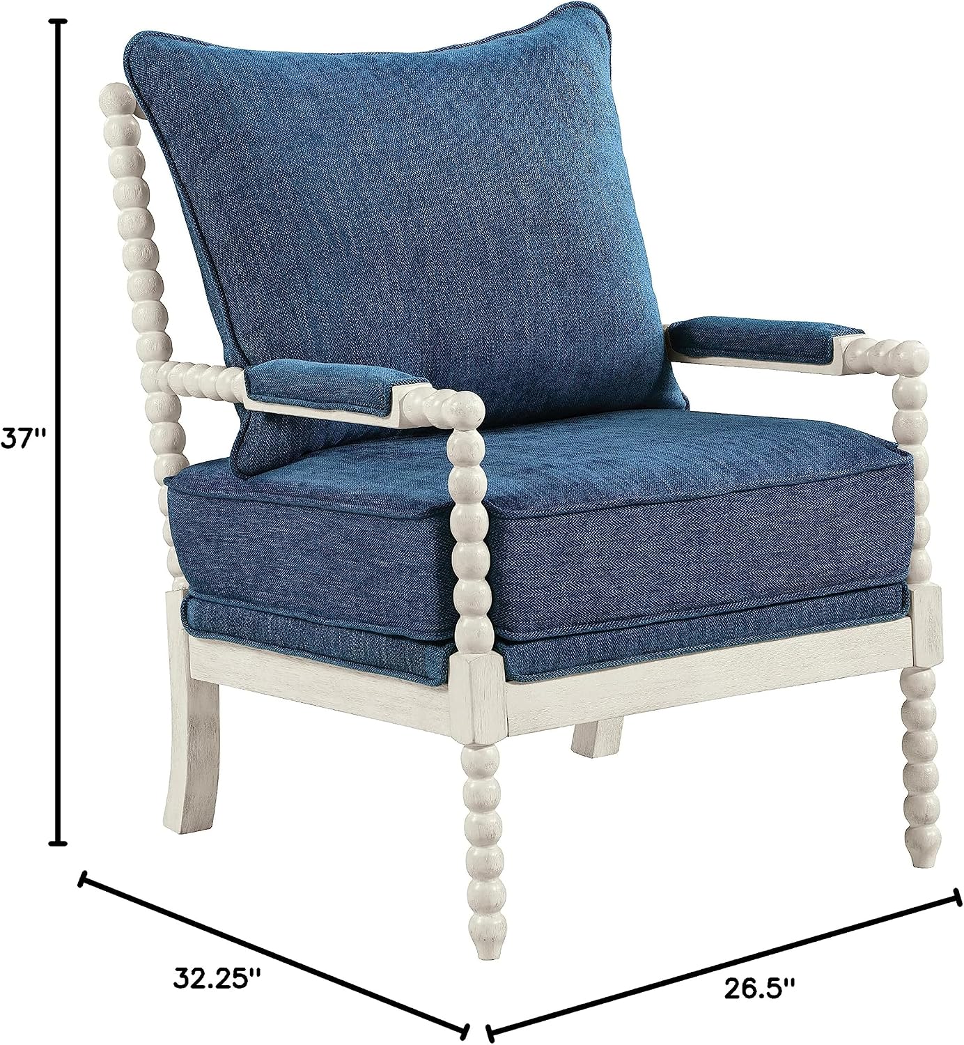 OSP Home Furnishings Kaylee Spindle Accent Chair with Antique White Wood Frame, Navy Blue Fabric